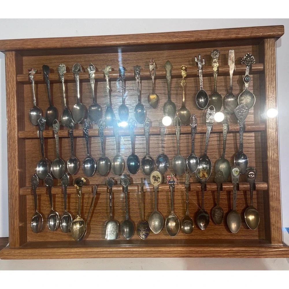 Collectible Souvenir Spoons with Wooden Display Case 44 Spoons Total
